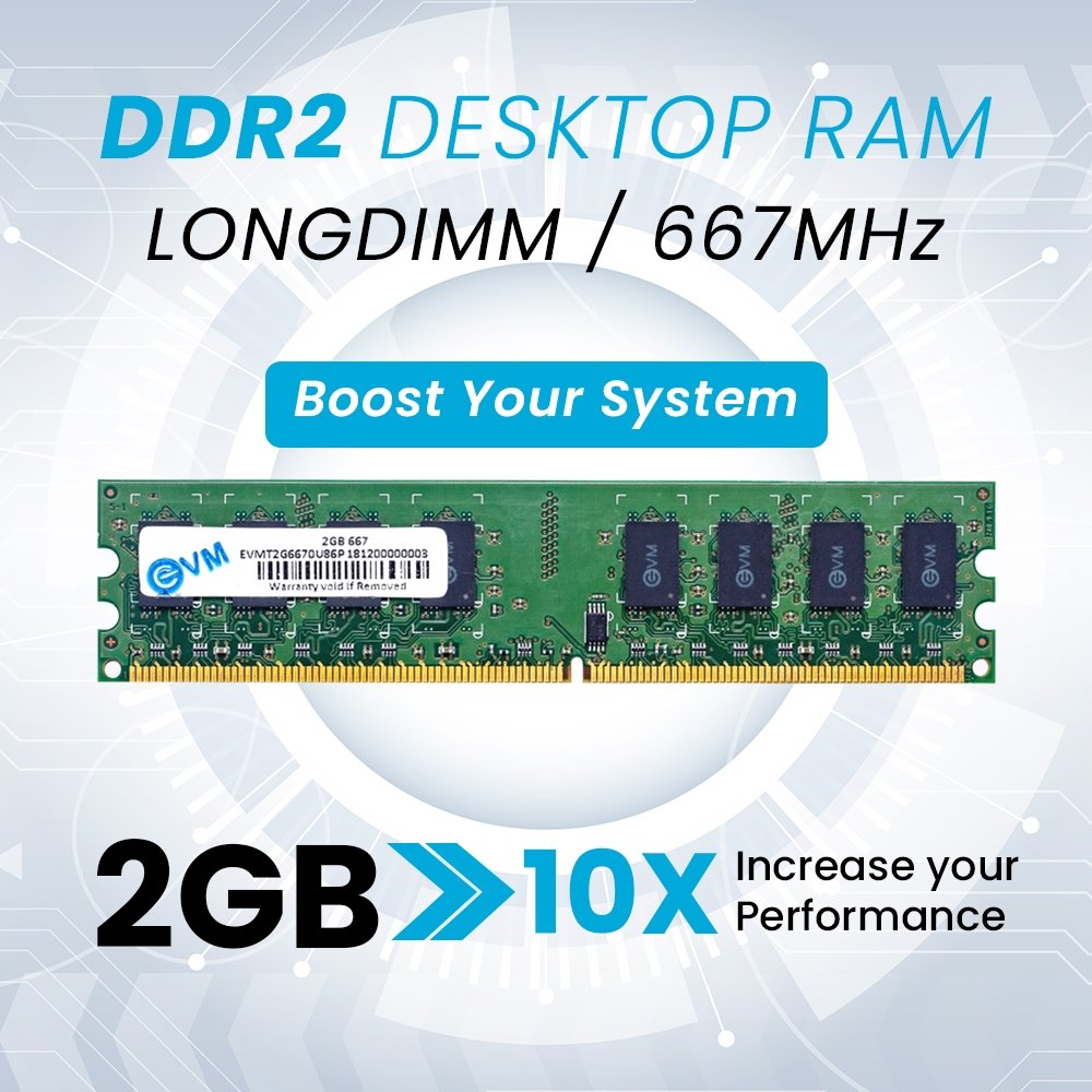 Ram EVM 2GB DDR2 667MHz Desktop EVMT2G6670U86P | Long-DIMM Memory, Boost Your Computer's Performance with Reliable & Efficient Memory Upgrade