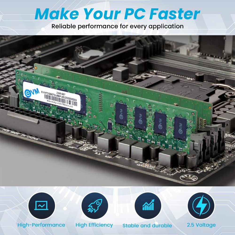 Ram EVM 2GB DDR2 667MHz Desktop EVMT2G6670U86P | Long-DIMM Memory, Boost Your Computer's Performance with Reliable & Efficient Memory Upgrade