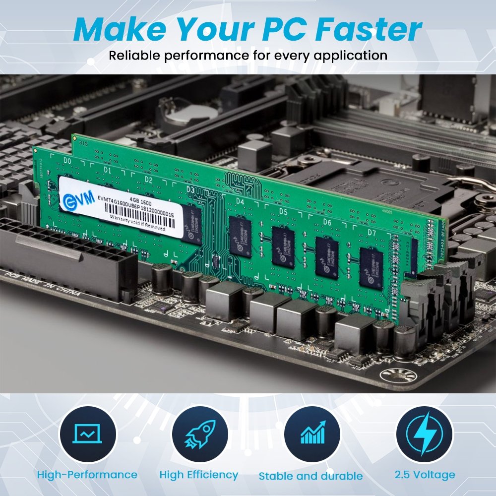 RAM EVM 4GB DDR3 1600MHz Desktop EVMT4G1600U86P | Long-DIMM Memory, High-Speed Performance, Low Voltage Requirement