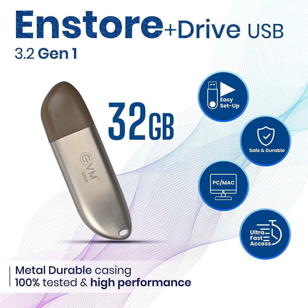 Pendrive EVM EnStore+ 32GB Metal USB 3.2 Flashdrive | High Performance with up to 100MB/s Read, Durable Metal Casing, Ideal for Fast Data Transfer & Storage Solution, Brown