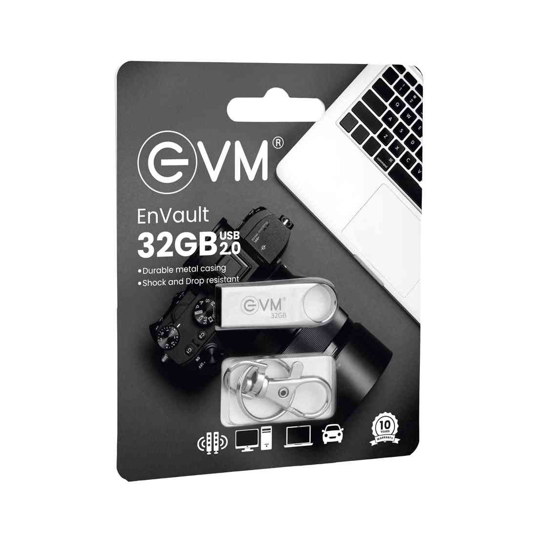 Pendrive EVM EnVault 32GB Metal USB 2.0 Flash Drive | Fast Data Transfer & Reliable Storage Solution, High Performance with up to 25MB/s Read, Durable Metallic Black Casing, Silver