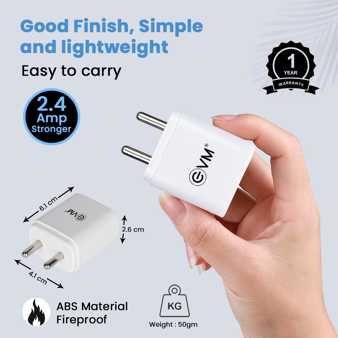 Charger EVM USB with Type C Cable EVM-CH-02 Smart Charger | For Android Smartphone, 5V Fast Charger, 2.4A Output, BIS Certified, Over Current & Short Circuit Protection, Surge Protection, White