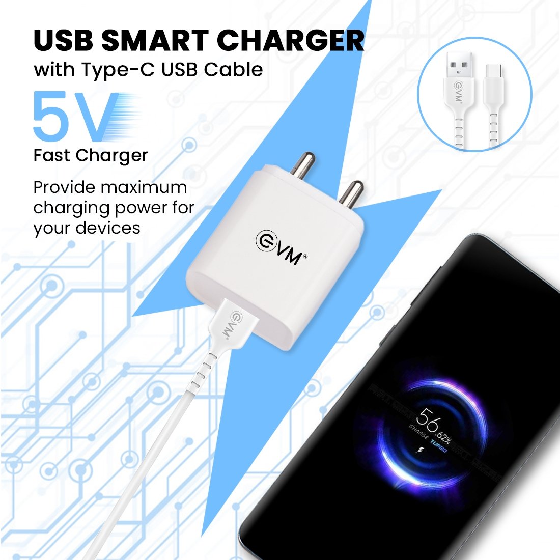 Charger EVM USB with Type C Cable EVM-CH-02 Smart Charger | For Android Smartphone, 5V Fast Charger, 2.4A Output, BIS Certified, Over Current & Short Circuit Protection, Surge Protection, White