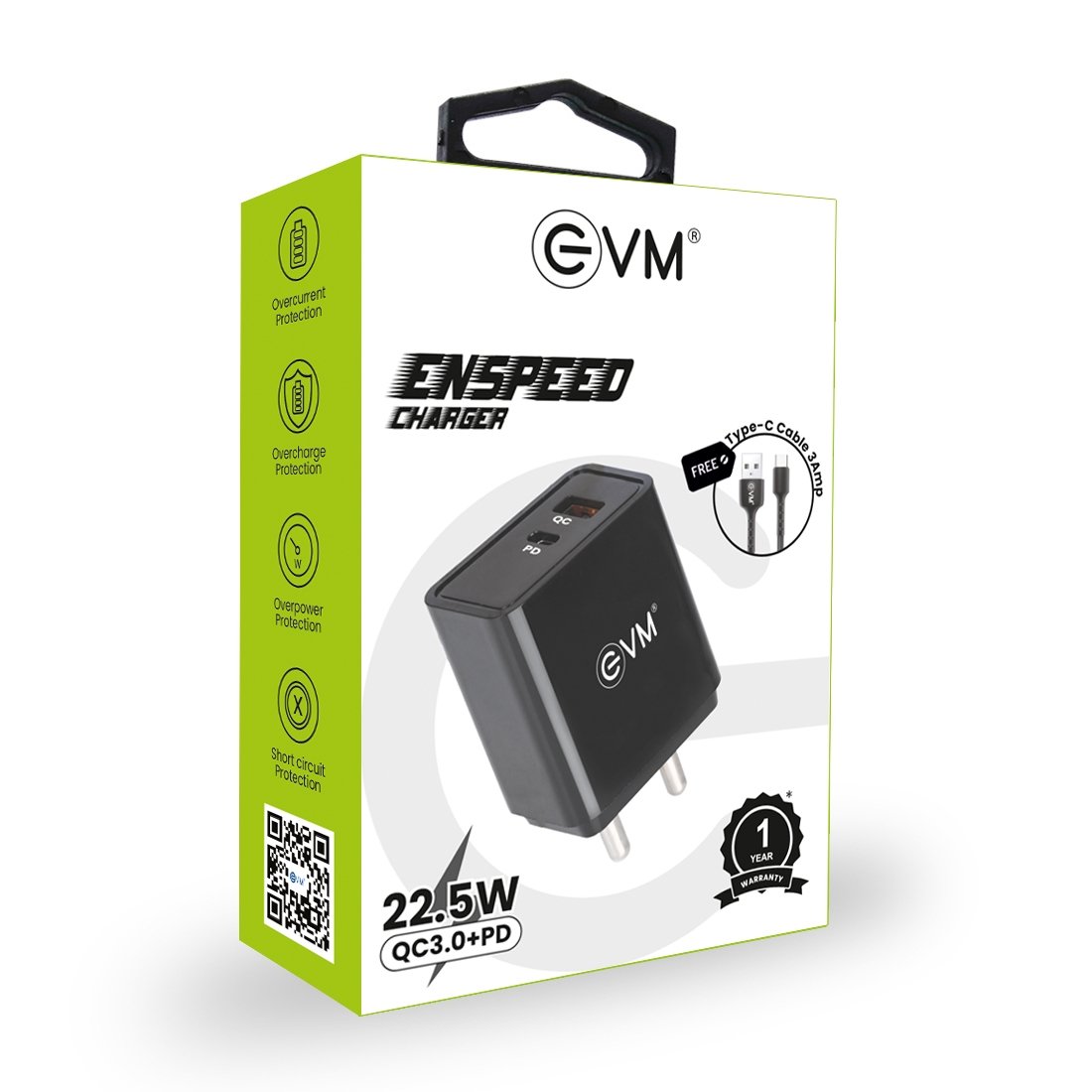 Charger EVM Enspeed EVM-QC+PD P22 | 22.5W With Type C Cable, White