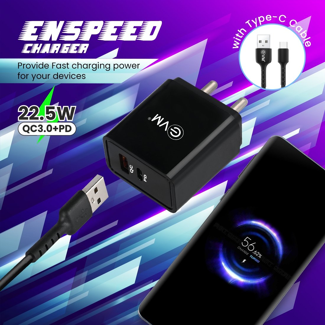 Charger EVM Enspeed EVM-QC+PD P22 | 22.5W With Type C Cable, White