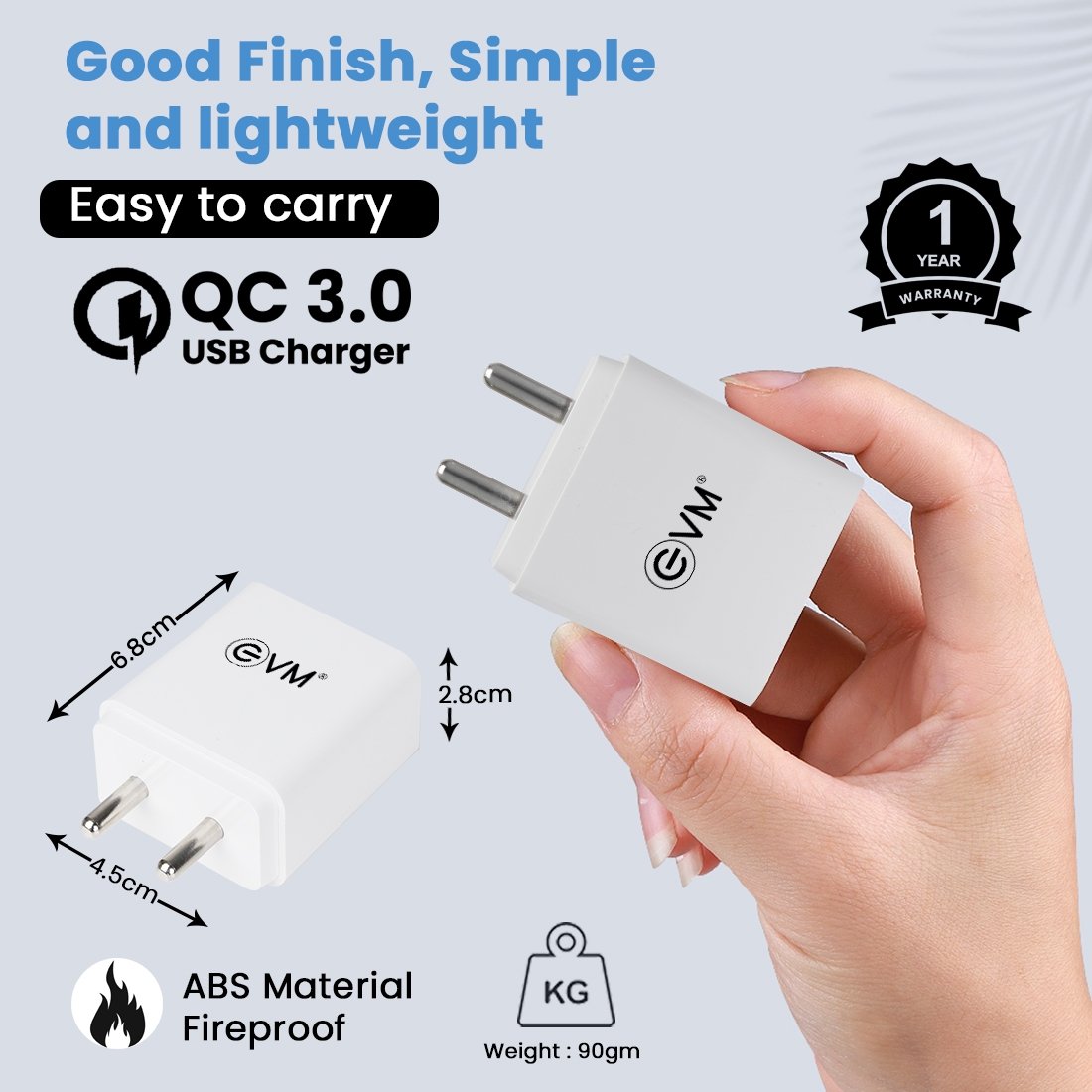 Charger EVM Enquick EVM-CH-06 | 22.5W QC 3.0 USB Charger, White