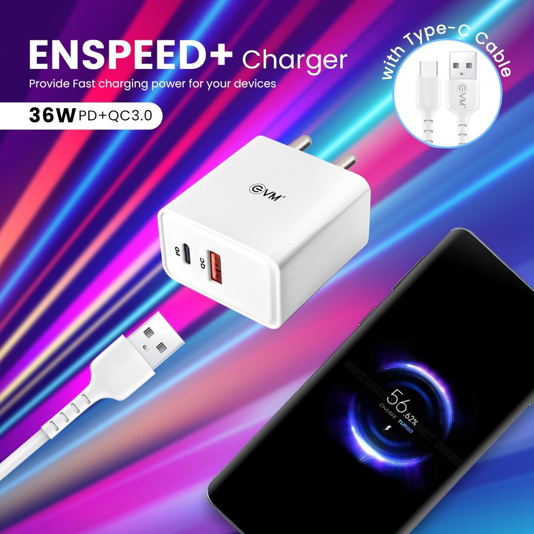 Charger EVM Enspeed+ EVM-CH-011 | 36W QC+PD Charger With Type C Cable, White