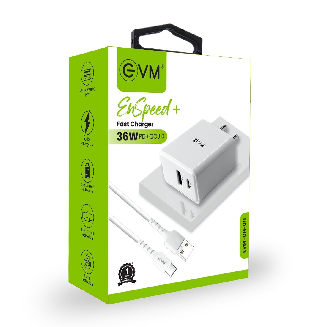 Charger EVM Enspeed+ EVM-CH-011 | 36W QC+PD Charger With Type C Cable, White