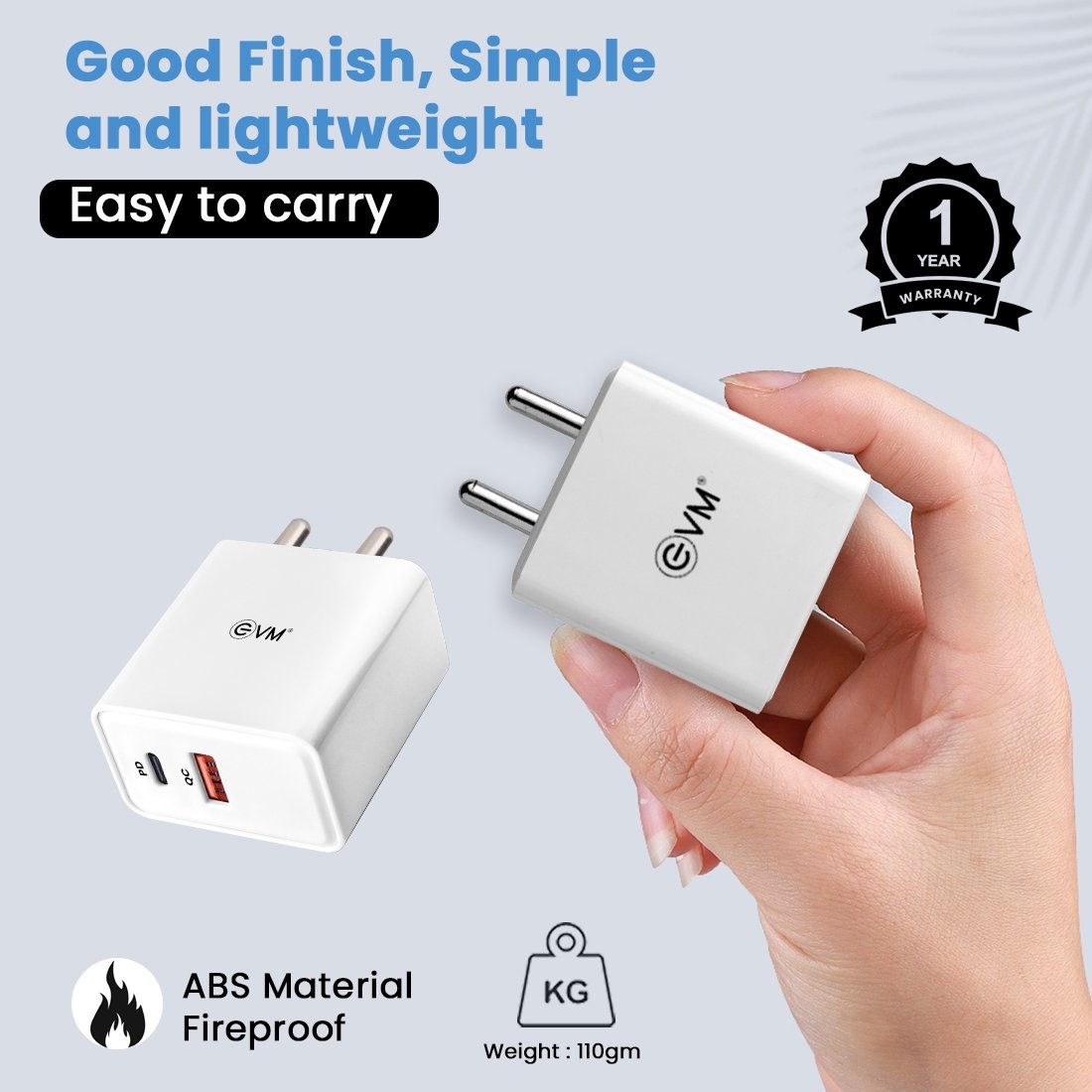 Charger EVM Enspeed+ EVM-CH-011 | 36W QC+PD Charger With Type C Cable, White