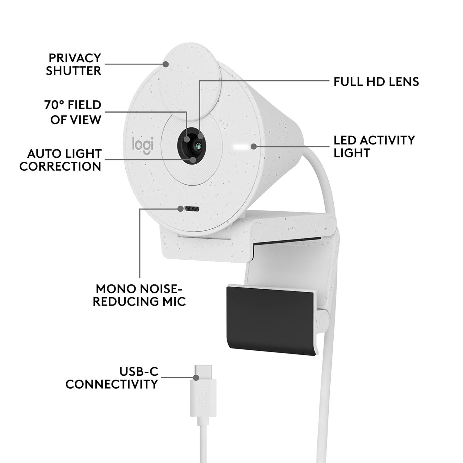 Webcamera Logitech Brio 300 | Full HD Webcam with Privacy Shutter, Noise Reduction Microphone, USB-C, Certified for Zoom, Microsoft Teams, Google Meet, Auto Light Correction - Off White