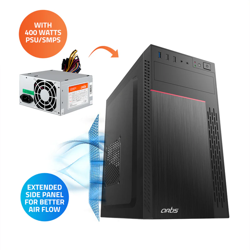 Cabinet Artis 2720 3.0 (1x2.0+1x3.0) USB Computer Cabinet | Support Micro ATX Motherboard, 1 X 80mm Fan With 400C Plus Power Supply