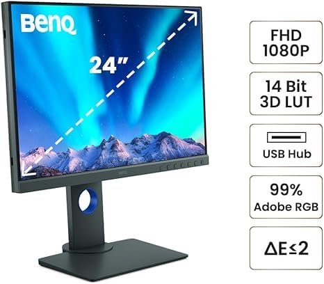 Monitor BenQ 24 Inch SW240 | 1920 x 1200 IPS 16:10 WUXGA 99 Percent AdobeRGB Photographer Monitor, Hardware Calibration, 3D-LUT, HDMI, DP, USB, DVI-DL, Shading Hood, Grey
