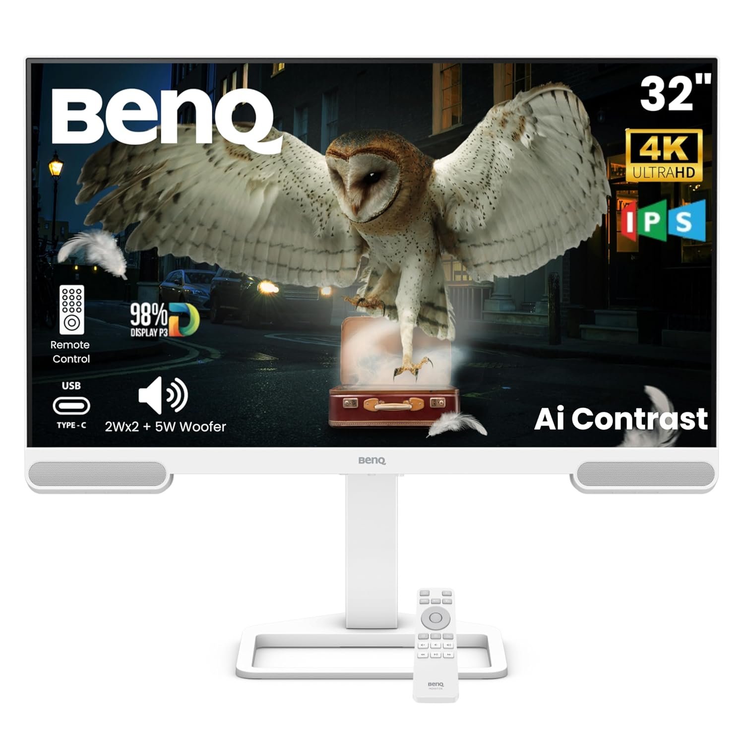 Monitor BenQ 32 Inch EW3290U | 4K UHD HDR 3840 x 2160 Work & Entertainment Display Monitor With 98% P3, Remote Control, AI Contrast, USB-C (65W PD), 3 x HDMI Ports, USB Hub, Ergonomic, Eye-Care, White