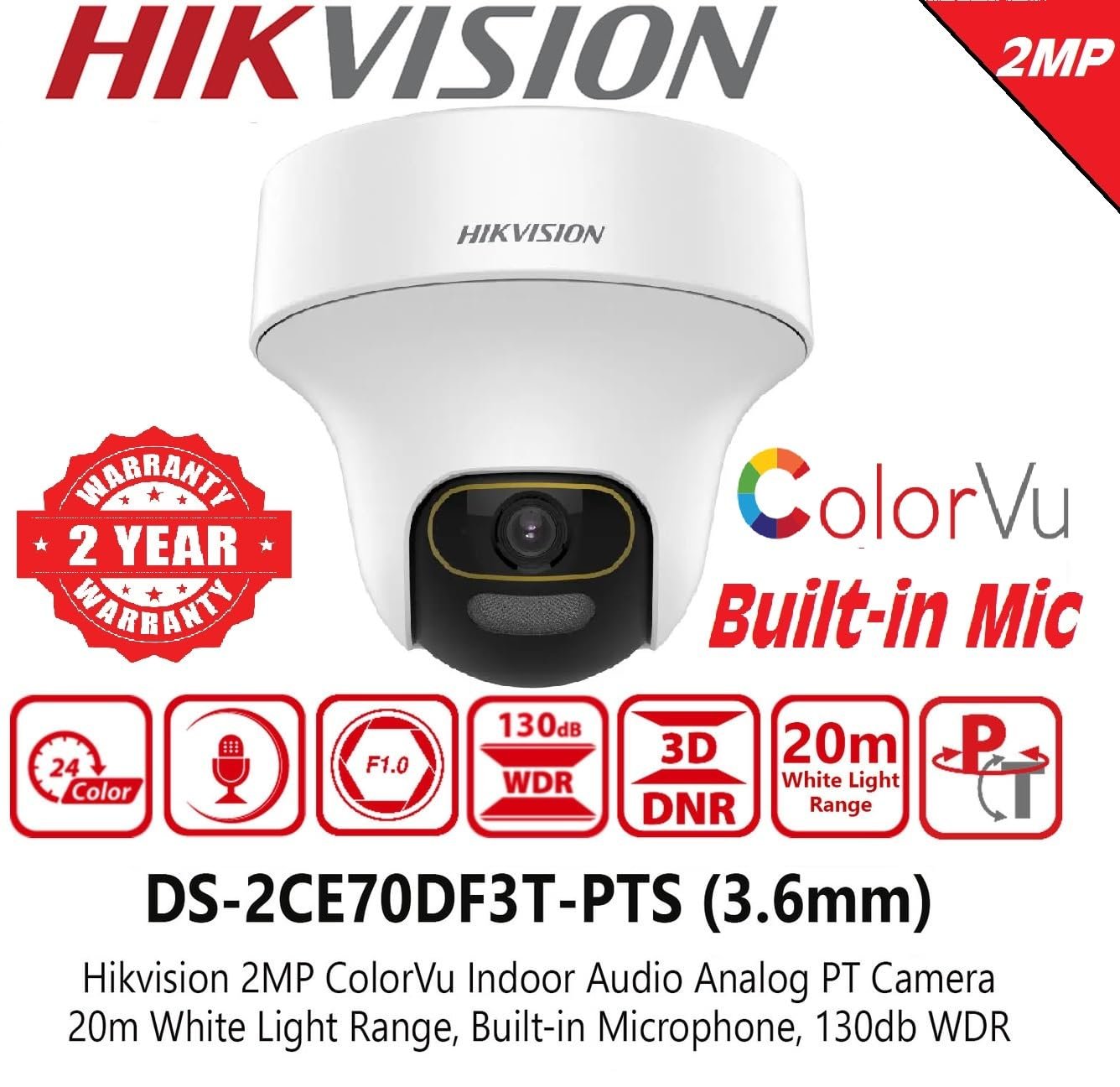 Security camera Hikvision DS-2CE70DF3T-PTS | 2MP ColorVu Audio PT 360° Built-in Mic IR White Light with Solid Light Alarm Motion Detection 2MP HD Indoor CCTV Camera for 2MP & Above DVR + BNC/DC, White