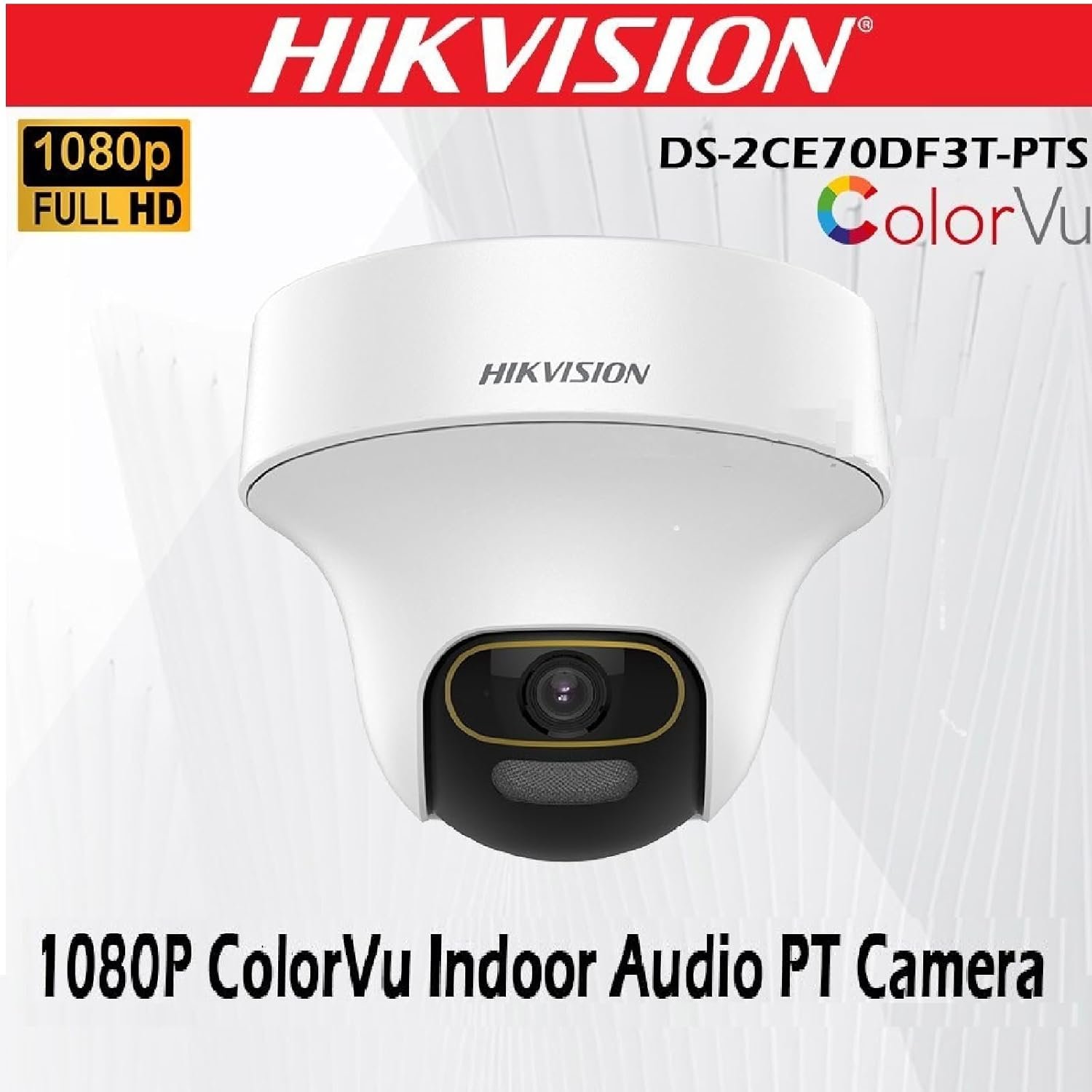 Security camera Hikvision DS-2CE70DF3T-PTS | 2MP ColorVu Audio PT 360° Built-in Mic IR White Light with Solid Light Alarm Motion Detection 2MP HD Indoor CCTV Camera for 2MP & Above DVR + BNC/DC, White
