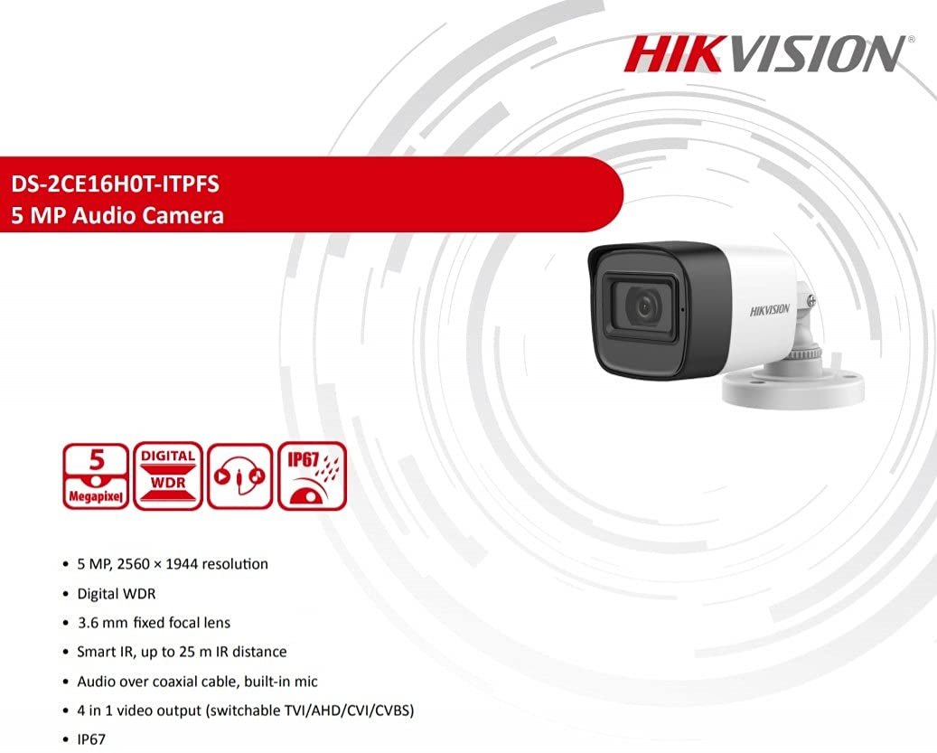 Security camera Hikvision DS-2CE16H0T-ITPFS | 5MP Audio Fixed Mini 3.6mm Bullet Camera