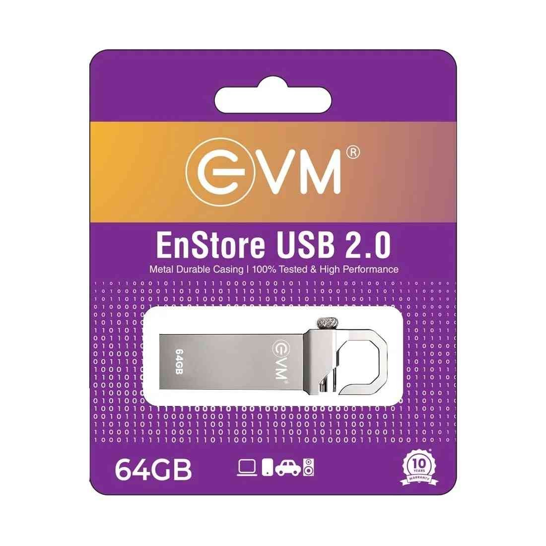 Pendrive EVM EnStore 64GB Metal USB 2.0 Flash Drive | High Read Speeds up to 15MB/s & Write Speeds up to 8MB/s, Durable Metal Casing, Ideal for Data Transfer & Storage, Silver