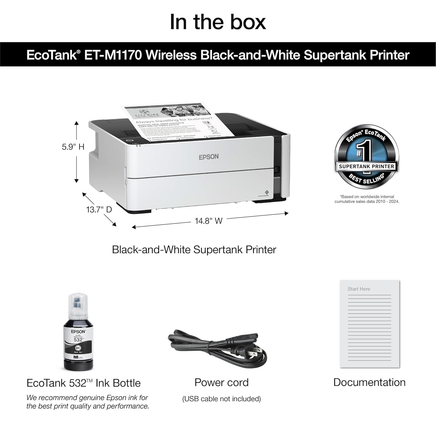 Printer Epson EcoTank Monochrome M1170 Wi-Fi InkTank Printer | Compact Integrated Tank Design, Duplex Printing, Spill-Free, Error-Free Refilling, White