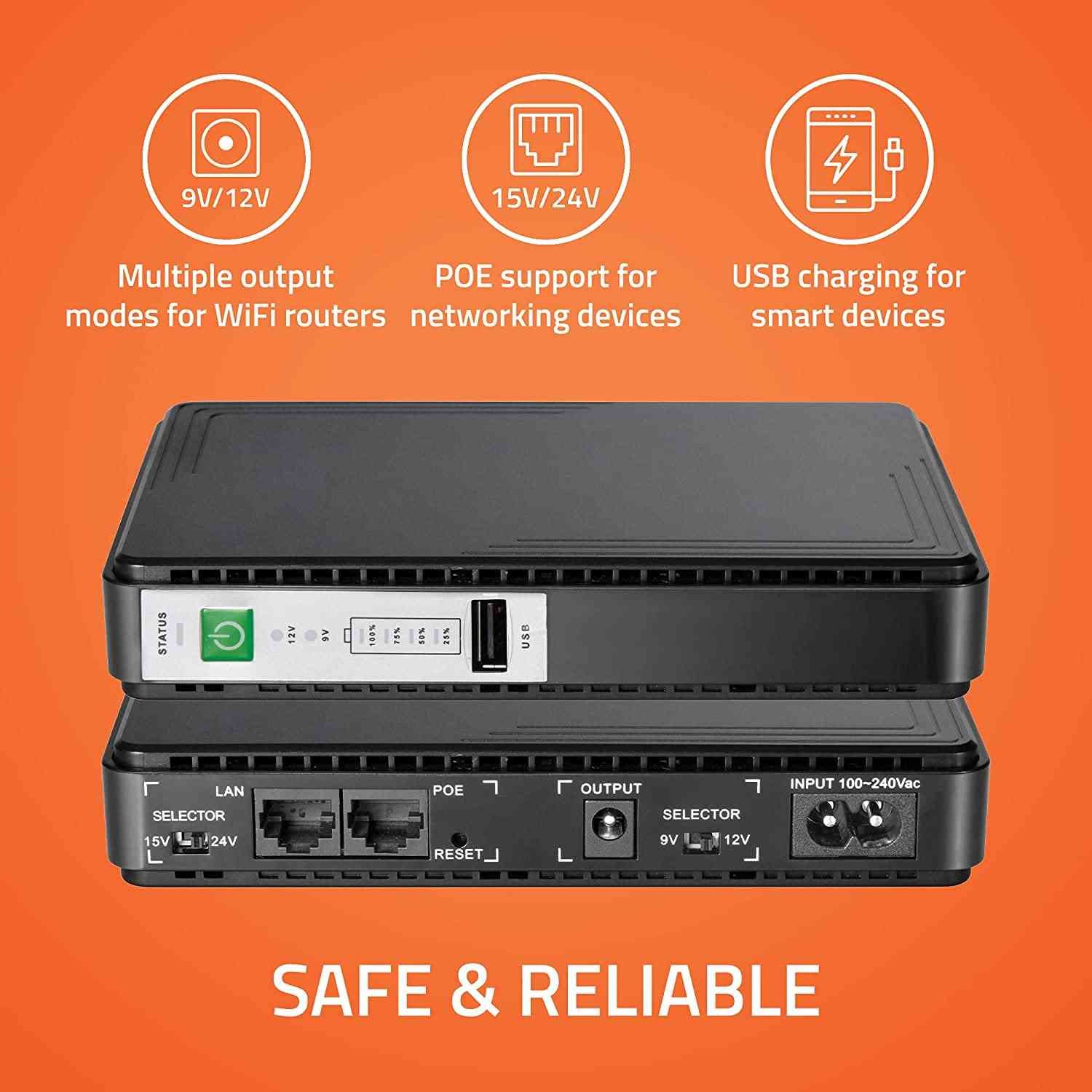 UPS Artis Mini for WiFi Router, Modem, Set top Box Devices AR-MINIDC-3 | 8800mAh Battery, Supports 9V, 12V-1A, 1.5A, 2A Routers, USB Port Phone Charging, Battery Level Indicator, BIS Certified | Backup time upto 8 hours