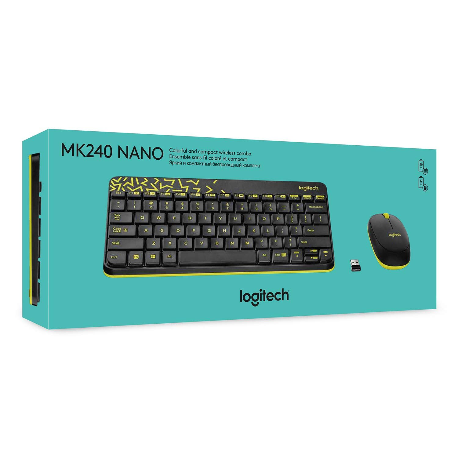 Keyboard & Mouse Logitech Nano Wireless Combo MK240, 12 Function Keys 2.4Ghz Wireless Black & Yellow