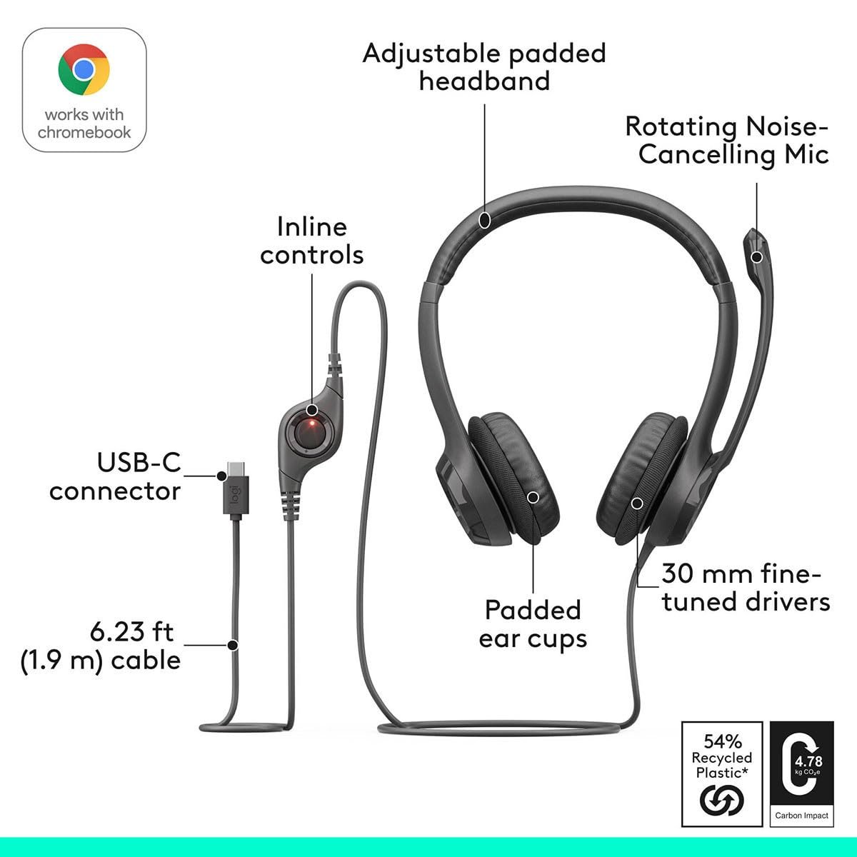Headset Logitech H390 Wired Stereo Headphones with Noise-Cancelling Microphone, USB - A, In-Line Controls, Used on PC / Mac / Laptop - Colour Black