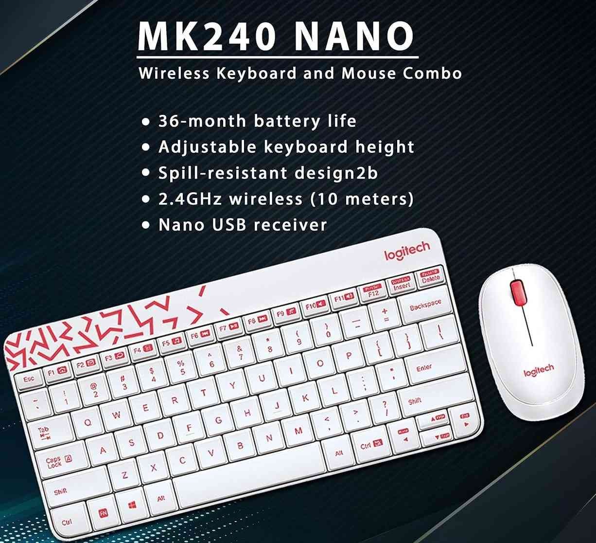 Keyboard and Mouse Combo Logitech MK240 Nano | Wireless, 12 Function Keys 2.4GHz, 1000DPI, Spill-Resistant Design, PC / Mac | White / Vivid Red