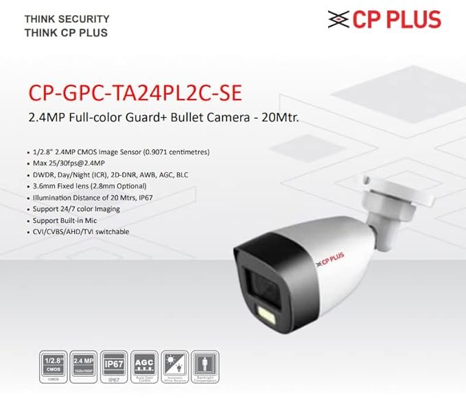 Security Camera Cp Plus CP-GPC-TA24PL2C-SE-V2-0360 | 2.4MP Full-color Guard+ Bullet Camera With Mic - 20Mtr, White