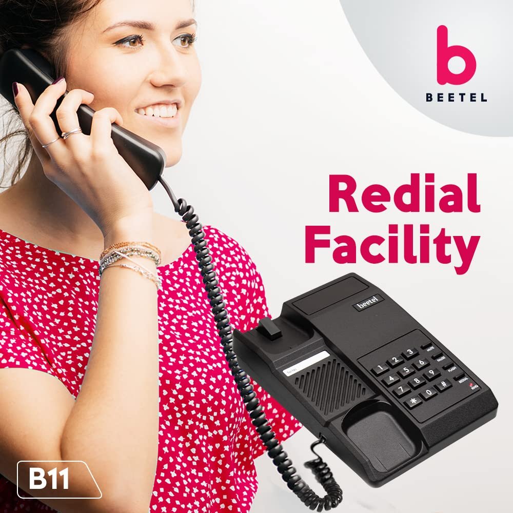 Landline Phone Beetel B11 Corded Phone, Ringer Volume Control, LED for Ring Indication, Wall/Desk Mountable, Clear Call Quality, Mute/Pause/Flash/Redial Function, Color: Black