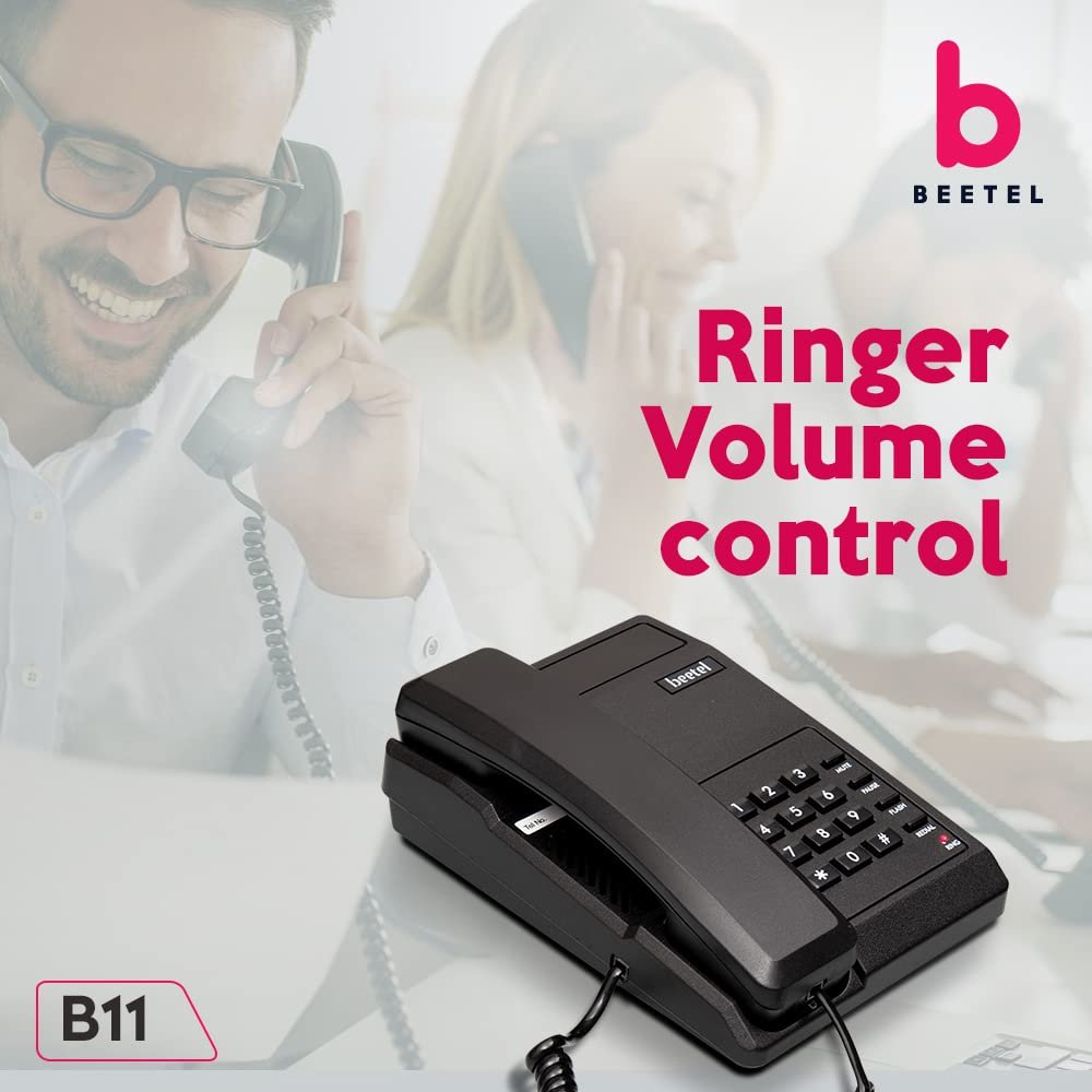 Landline Phone Beetel B11 Corded Phone, Ringer Volume Control, LED for Ring Indication, Wall/Desk Mountable, Clear Call Quality, Mute/Pause/Flash/Redial Function, Color: Black
