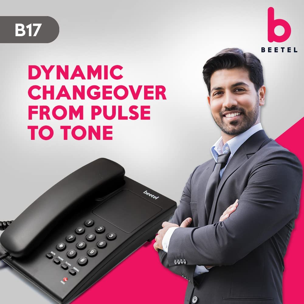 Landline Phone Beetel B17N | Corded, Ringer Volume Control, LED for Ring Indication, Wall/Desk Mountable, Elegant Design, Clear Call Quality, Mute/Pause/Flash/Redial Function | Black