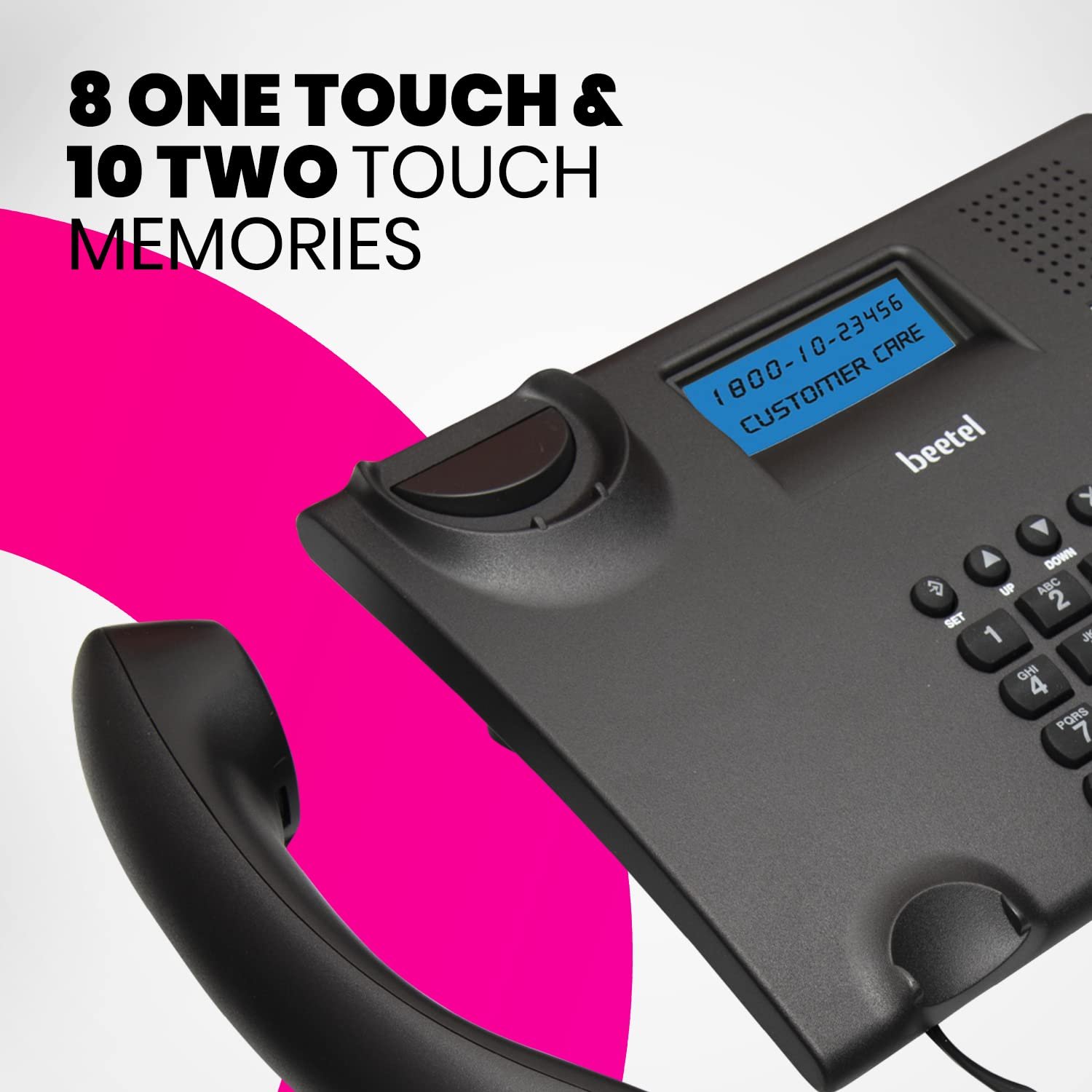 Landline Phone Beetel M90 | Caller ID with 16 Digit LCD Display, FSK / DTMF, Compatible Caller ID, 8 Direct One Touch & 12 Two Touch Memory, Volume Control for Speaker Phone, Music on Hold | Black