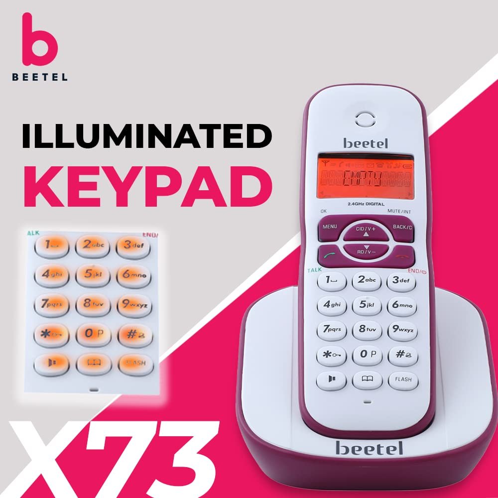 Landline Phone Beetel X73 | Cordless 2.4Ghz Phone with Caller ID Display, 2-Way Speaker Phone with Volume Controls, Auto Answer, Alarm Function, Stylish Design | Red / White