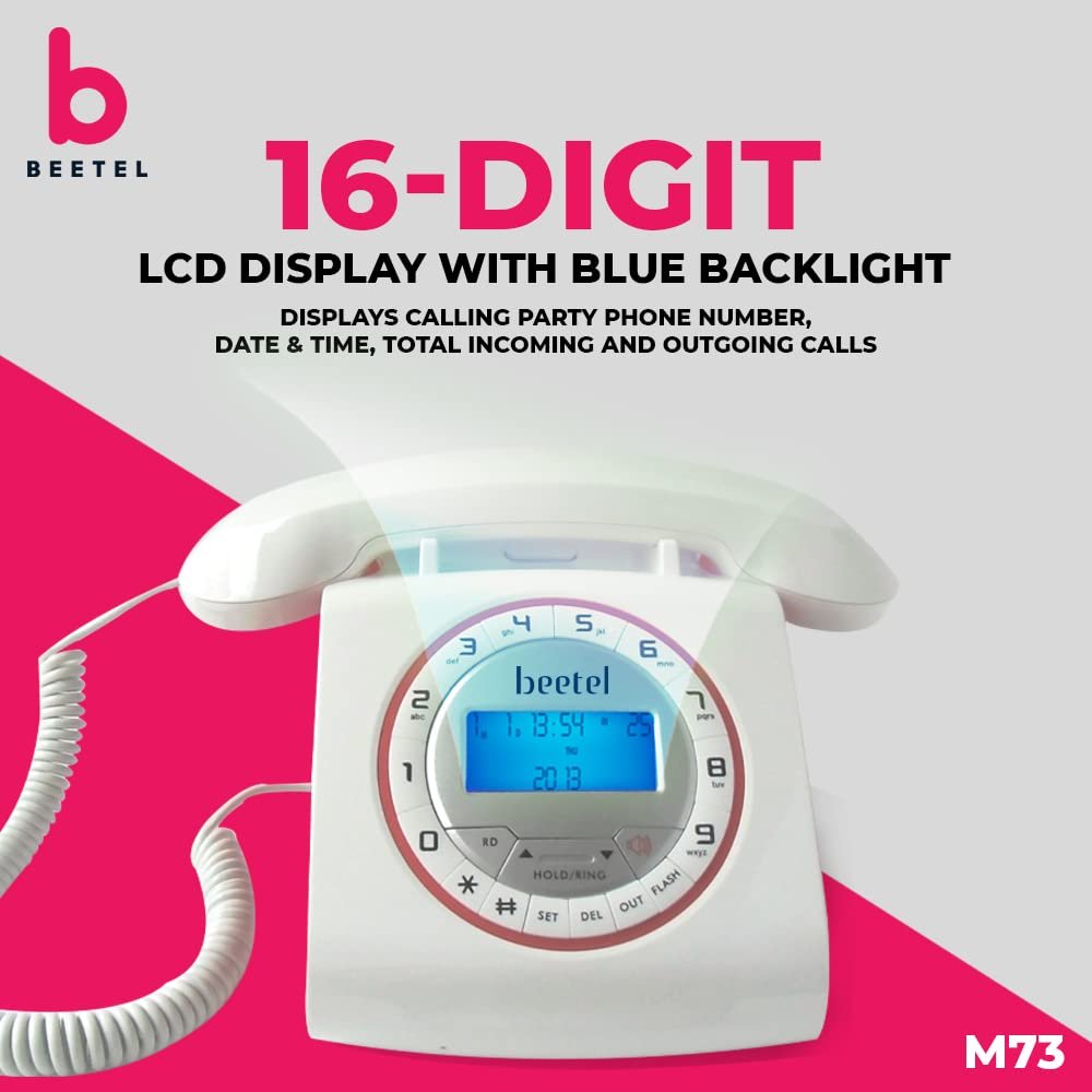 Landline Phone Beetel M73 Retro | Caller ID, Corded Phone with 16 Digit LCD Display, Retro Design, Alphanumeric Keypad, 2-Way Speaker Phone, Adjustable Ringing (White & Red)