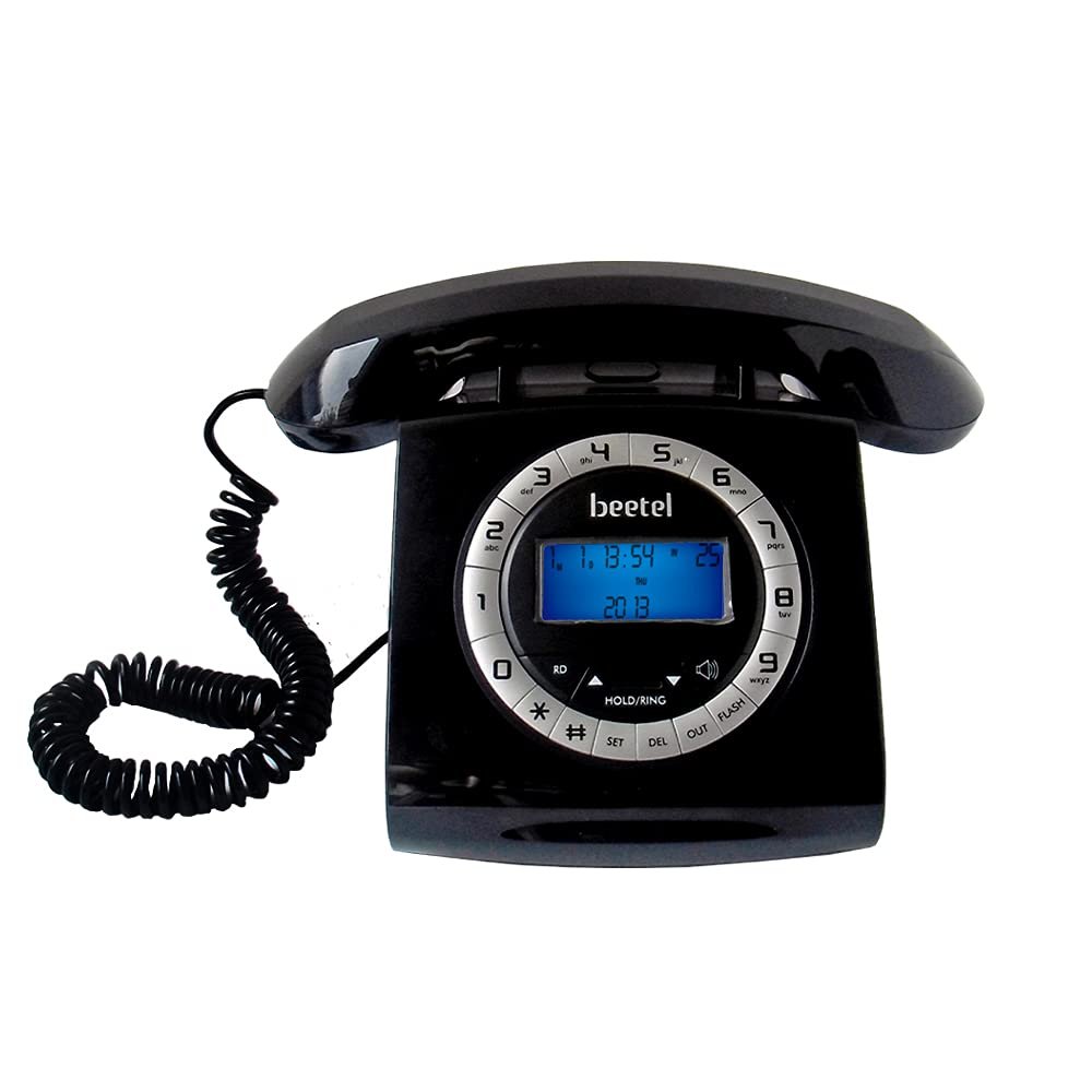 Landline Phone Beetel M73 Retro | Caller ID, Corded Phone with 16 Digit LCD Display, Retro Design, Alphanumeric Keypad, 2-Way Speaker Phone, Adjustable Ringing (Black & White)