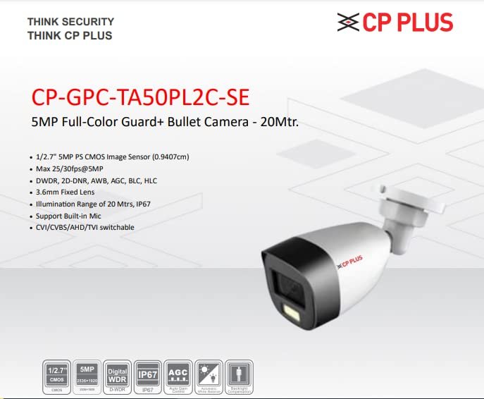 Security Camera CP Plus CP-GPC-TA50PL2C-SE | 5MP Full Color Guard+ Bullet Camera, 3.6mm Fixed Lens, 30Mtr Night Color Vision, Built-in Mic, HDCVI