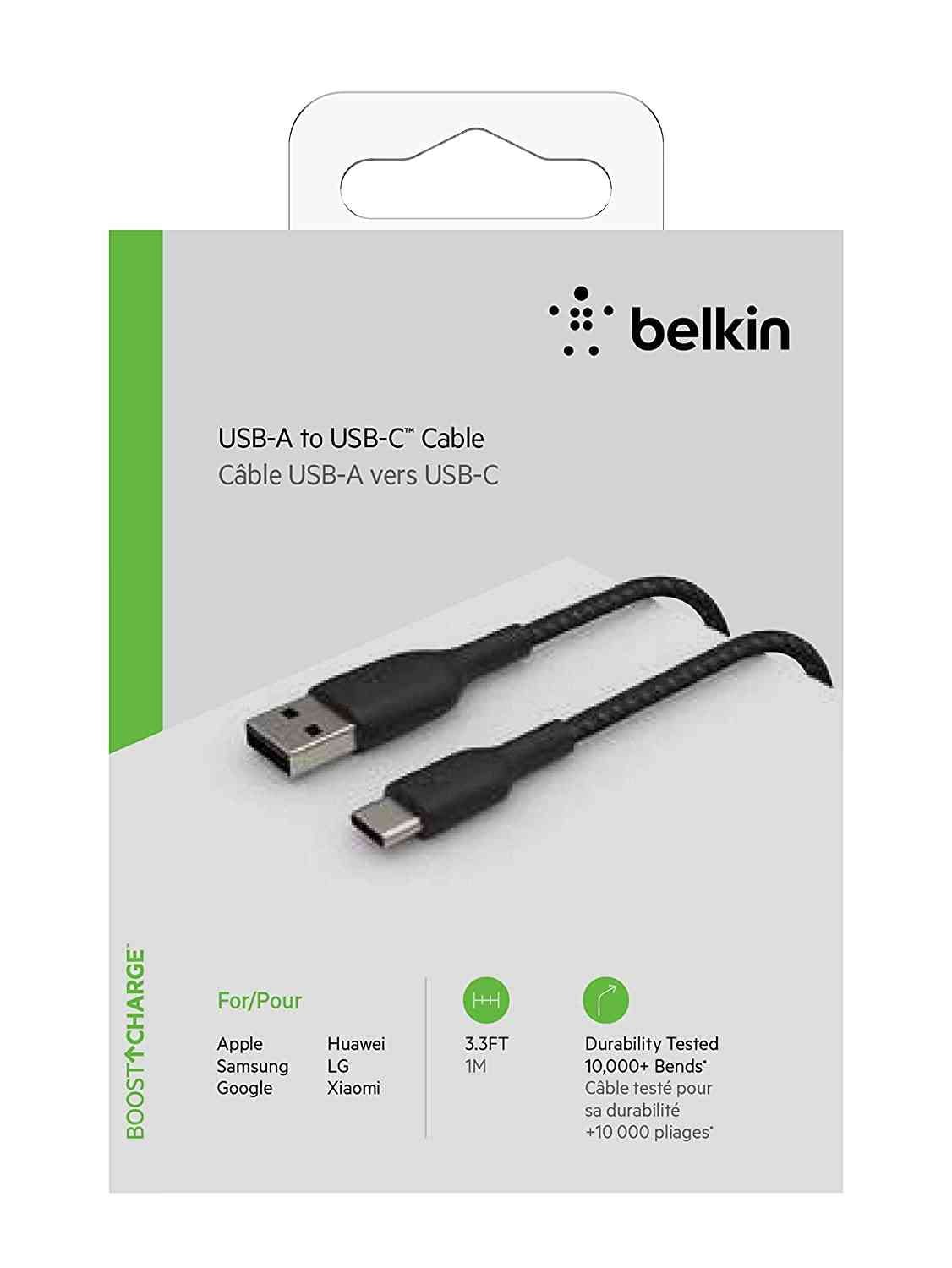 Cable Belkin Type C To Usb-A 2.0 Tough Unbreakable Braided Nylon Cable 3.3 Feet (1 Meter) Black, Usb-If Certified, Supports Fast Charging For Tablet
