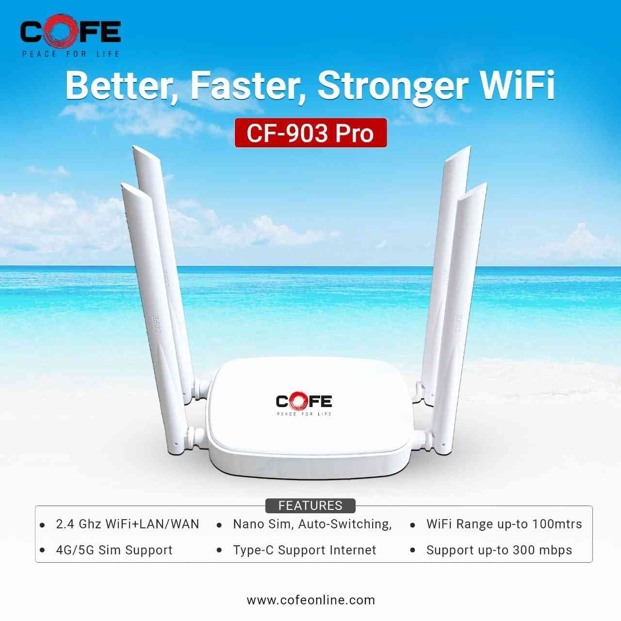 Router COFE CF-903 Pro Wi-Fi 6 | 4 Antenna, Wi-Fi + LAN / WAN 5G / 4G Sim Internet Router, WiFi Range Upto 150mtr, 2.4Ghz, Type-C Port, Repeater Funtion, Working Temperatures From -20°C to 65°C, Supports Upto 300mbps, Nano Sim Slot, White