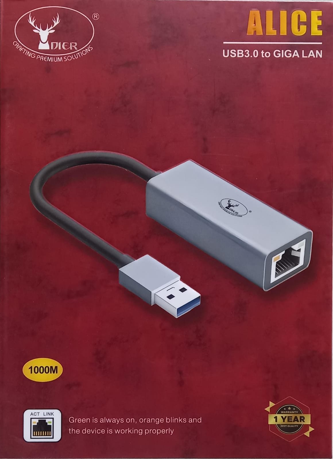 Cable Convertor Adapter Dier ALICE USB 3.0 To GIGA LAN | 10/100/1000 Mbps Speed Gigabit Ethernet RJ45 Network Cable, Grey