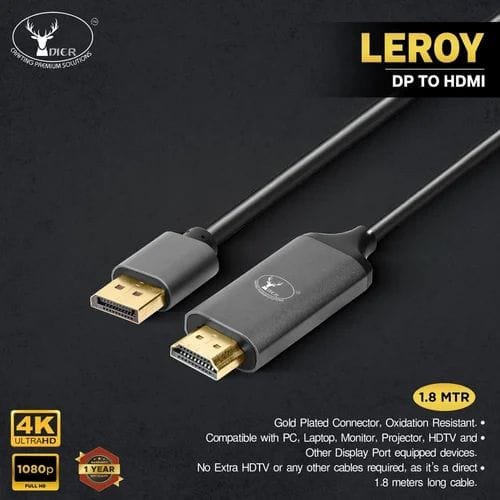 Cable Dier LEROY DP To HDMI Converter Cable 1.8mtr | 1080p 4K Ultra HD, Gold-Plated Connectors, Compatible With Computer, Laptop, HDTV, Projector, Monitor, Black