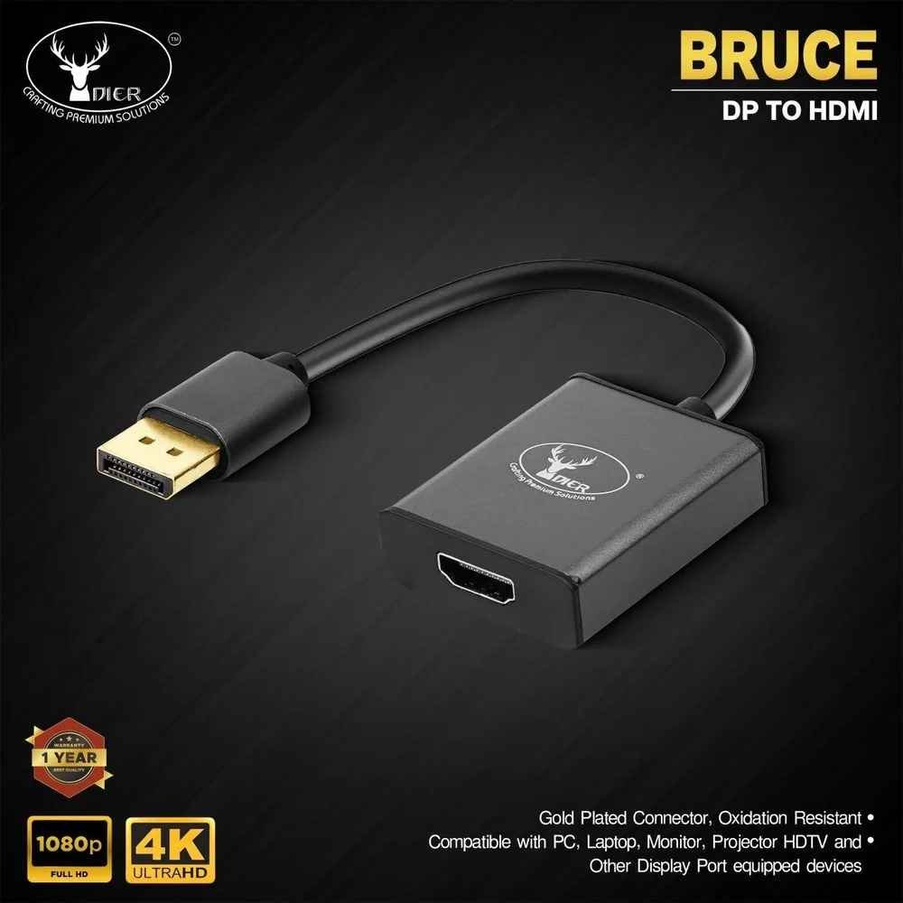 Converter Dier BRUCE Dp (Male) to Hdmi (Female) | 1080P FHD 4K DP to HDMI Cord (Male to Female), Gold-Plated, Compatible with Computer, Desktop, Laptop, PC, Monitor, Projector, HDTV, Plug & Play, Black
