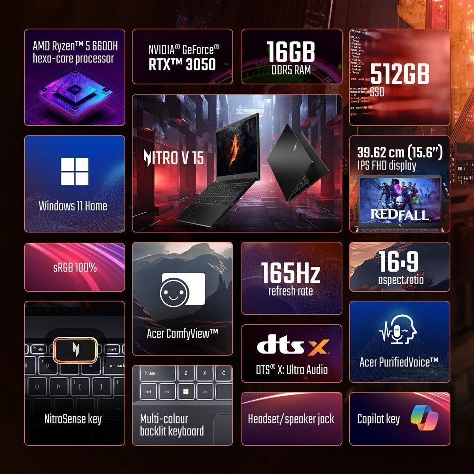 Laptop Acer Nitro V15 ANV15-41 (NH.QPFSI.006) Gaming Laptop | AMD Ryzen 5 6600H, 16GB DDR5 RAM, 512GB PCIe NVMe SSD, Windows 11 Home, 15.6" 165Hz FHD IPS Display, NVIDIA GeForce RTX 3050 6GB GDDR6, Backpack, Obsidian Black