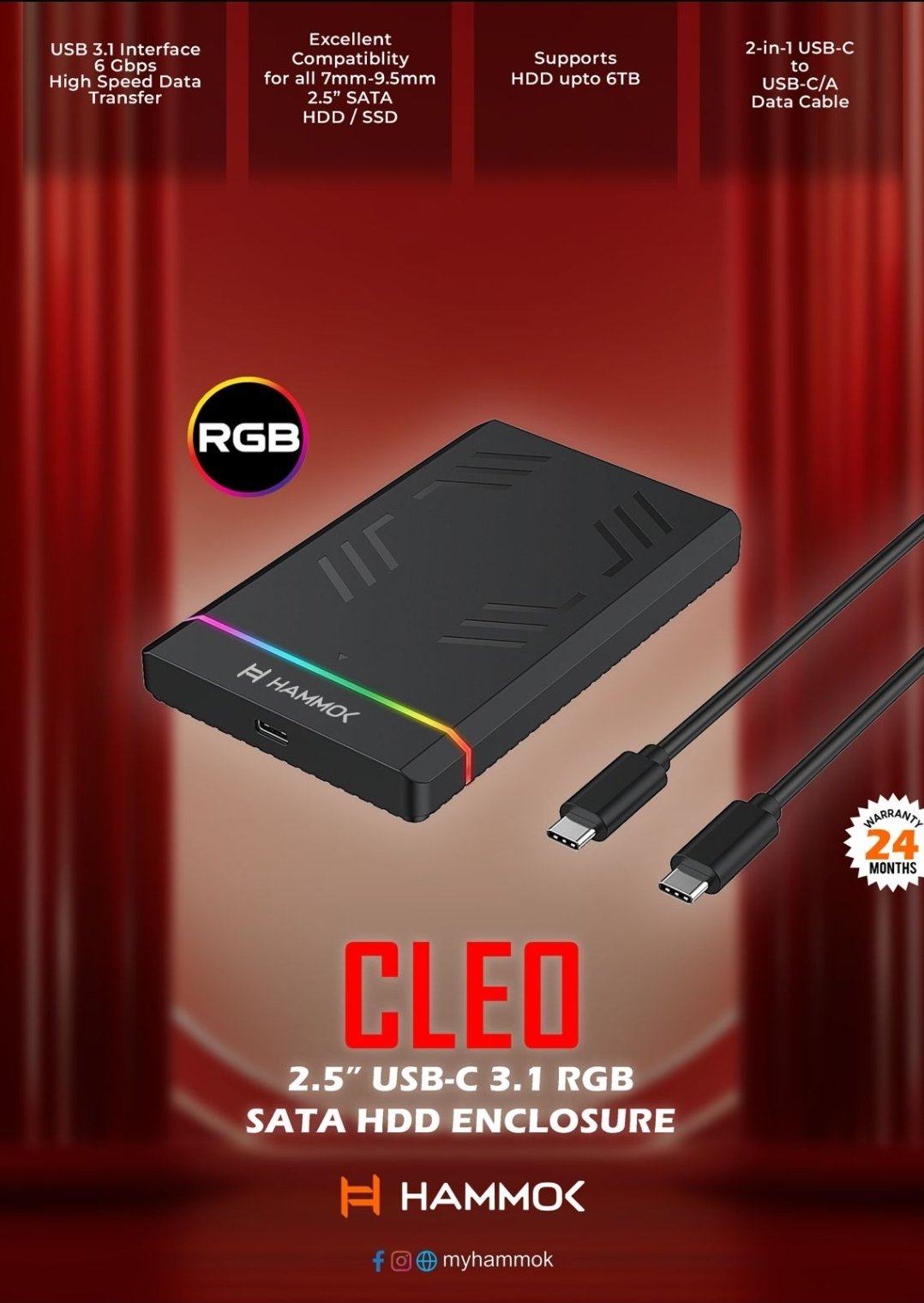 Casing Hammok CLEO USB-C 3.1 RGB Sata HDD Enclosure | Robust Protection, Compact & Portable, Plug & Play, Black