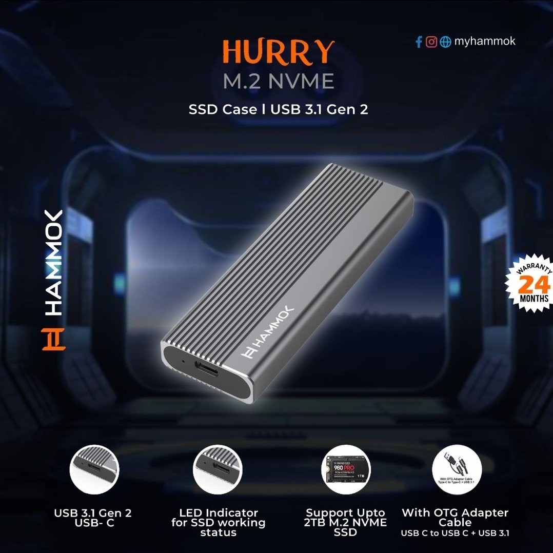 SSD Casing Hammok Hurry M.2 NVME SSD Case Enclosure USB 3.1 Gen 2 | 10GBPS High Speed Aluminium Case, Black