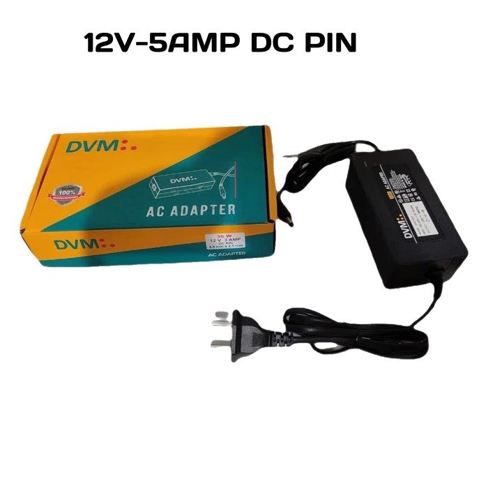 Power Adapter DVM 12V 5AMP DC PIN | 60W With 2 Pin AC Lead, 5.5mm× 2.5mm Pin, Over Current, Over Voltage & Short Circuit Protection, SMPS Adapter, Black