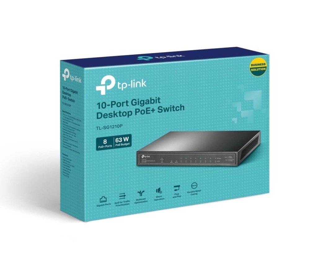 Switch TP-Link TL-SG1210P | 10 Port Gigabit Desktop Switch with 8 Port PoE+ Ports, 63W, Long Range PoE+, Port Prioritization, Traffic Separation, PoE Auto Recovery, Silent Operation, Durable Metal Casing, Desktop/ Wall Mount, Plug & Play, Black