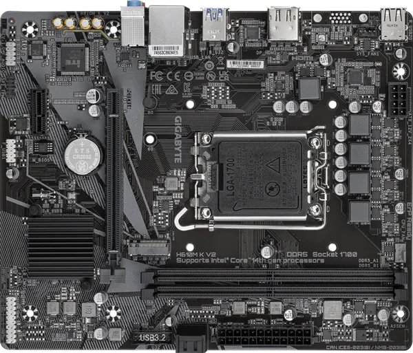 Motherboard Gigabyte H610M K V2 DDR5 | Supports Intel® Core™ 14th/ 13th /12th Processors, Dual Channel Non-ECC Unbuffered DDR5, 2 DIMMs​, LGA 1700 Socket, PCIe 4.0 Design, Gen3 x4 M.2 ,GbE LAN ,Anti-Sulfur Resistor, Smart Fan 6