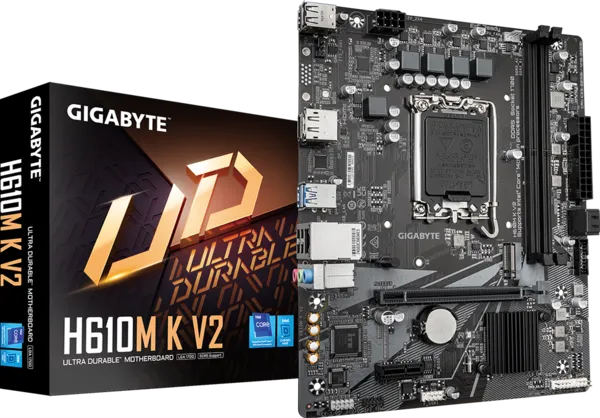 Motherboard Gigabyte H610M K V2 DDR5 | Supports Intel® Core™ 14th/ 13th /12th Processors, Dual Channel Non-ECC Unbuffered DDR5, 2 DIMMs​, LGA 1700 Socket, PCIe 4.0 Design, Gen3 x4 M.2 ,GbE LAN ,Anti-Sulfur Resistor, Smart Fan 6