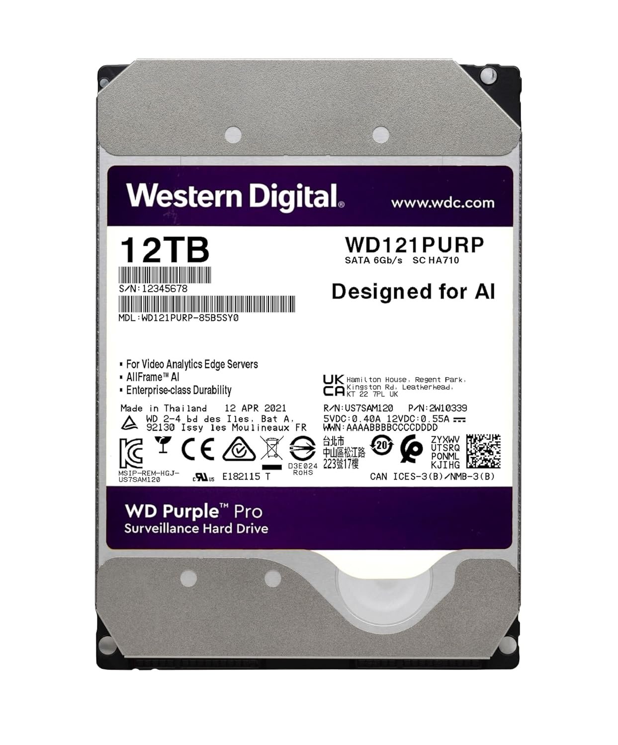 Harddisk WD 12TB Purple Pro Smart Video Surveillance Hard Drive WDCWD122PURP | 3.5 Inch Form Factor, SATA 6 Gb/s, 7200 RPM, 512MB Cache, Upto 272MB/s Transfer Rate, Internal Hard Drive