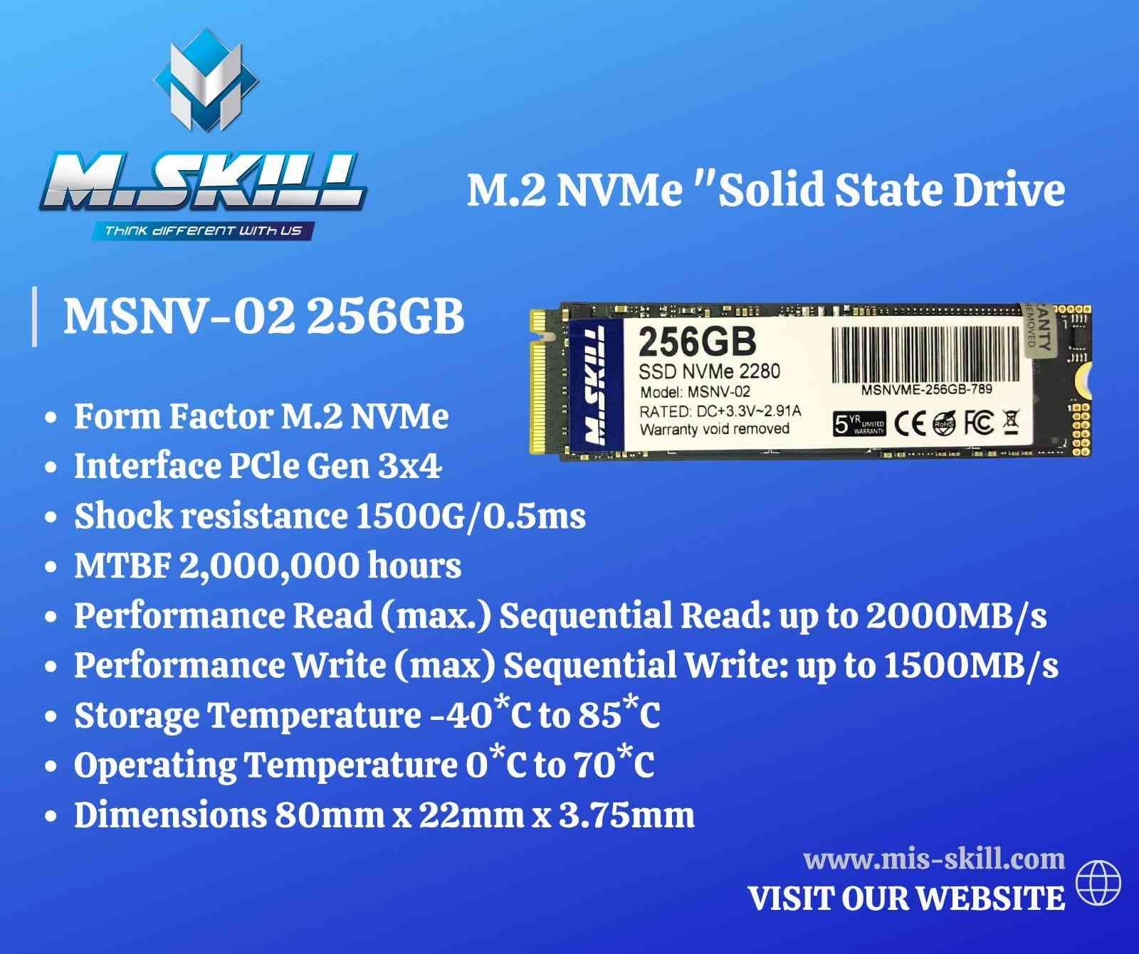 Harddisk M.Skill MSNV-02 256GB M.2 NVMe SSD | Internal PCIe SSD with high-speed performance, durable design, silent operation, and low power usage. Compatible with laptops, desktops, and AIO PCs