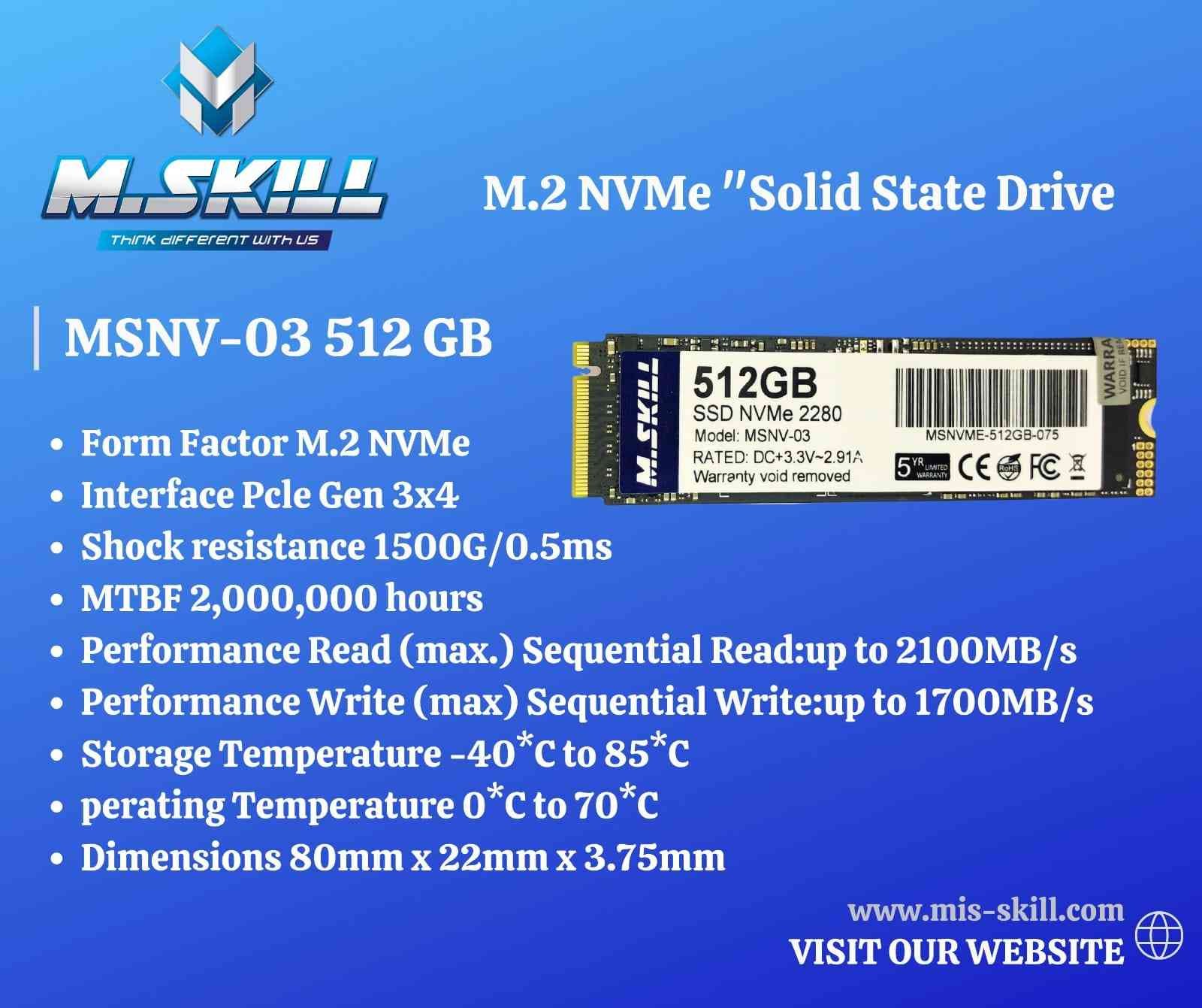 Hard Disk Drive Harddisk M.Skill Internal PCIe 512gb M.2 NVMe SSD MSNV-03 | 512GB M.2 NVMe Solid State Drive | Ultra Saving, Durability, High Speed, Silent, For Laptop, Desktop & AIOs